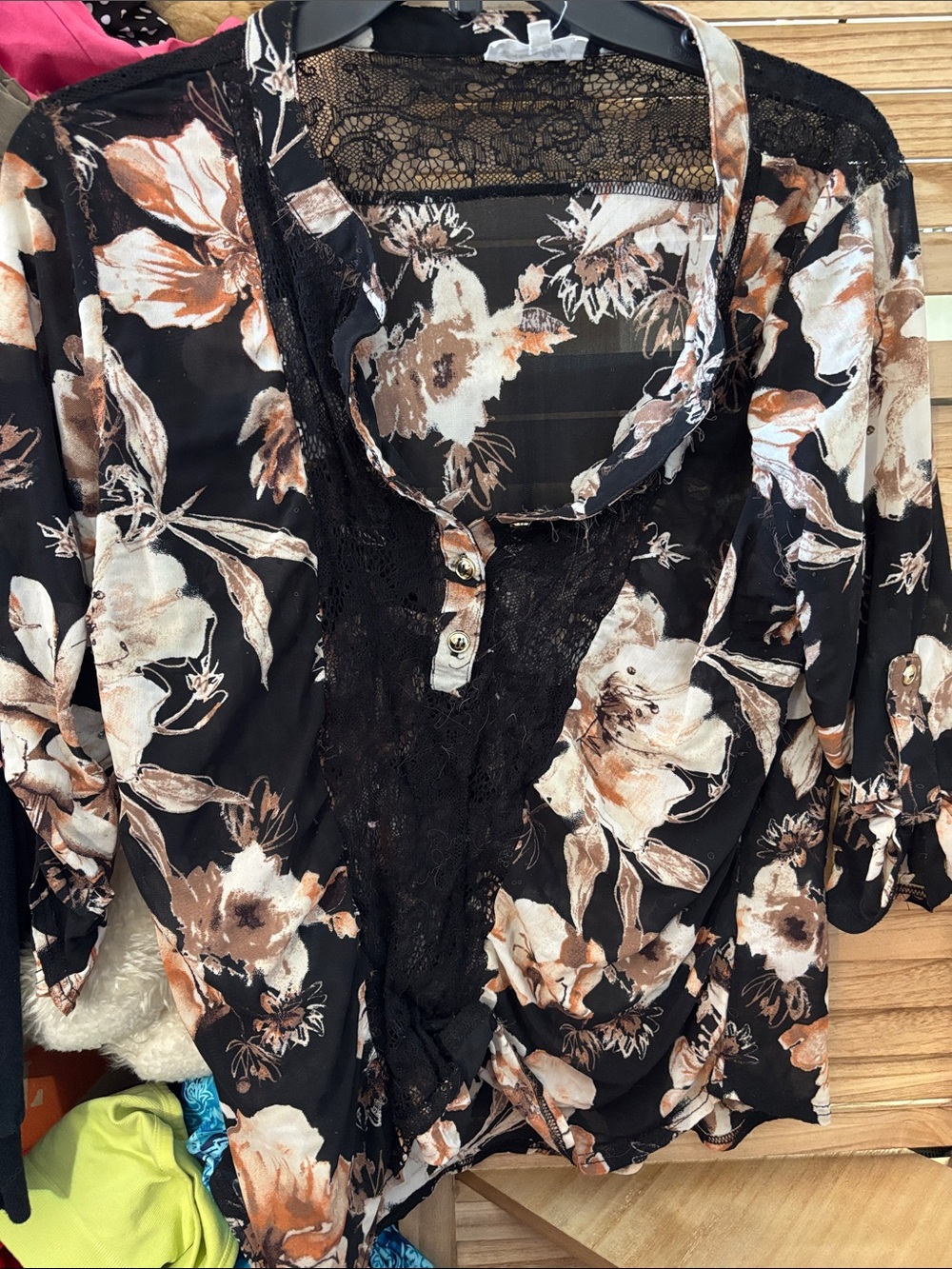 Siren Lily Floral Lace-Trim Black Women's Blouse - Elegant Neutral Floral 1X